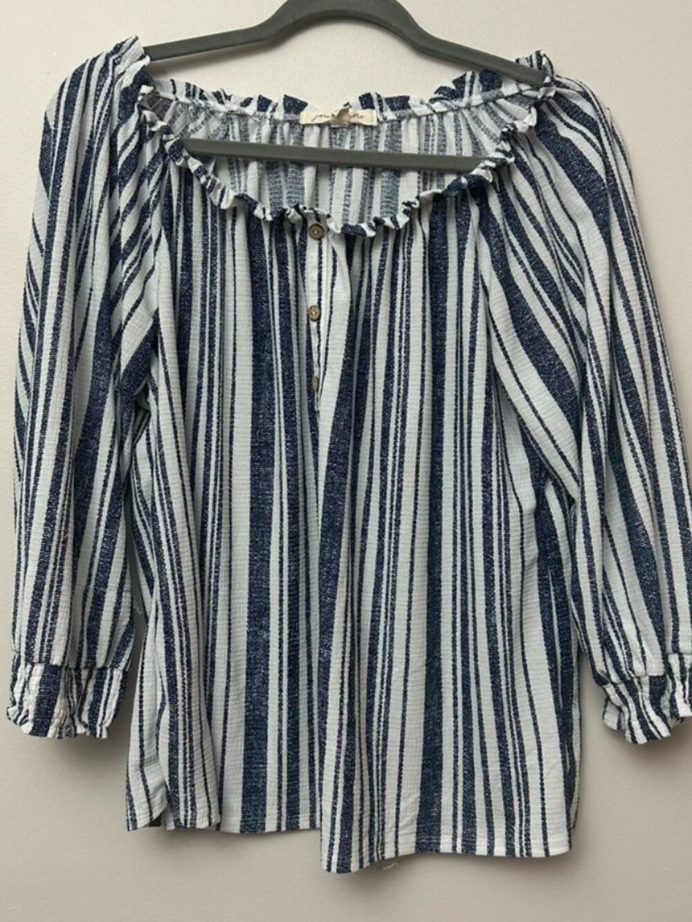 Joie de Vivre Women's Medium Navy White Striped Peasant Blouse Boho 3/4 Sleeve